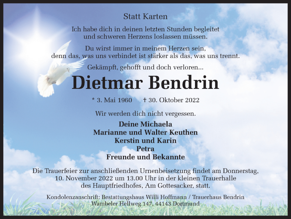  Traueranzeige für Dietmar Bendrin vom 05.11.2022 aus 