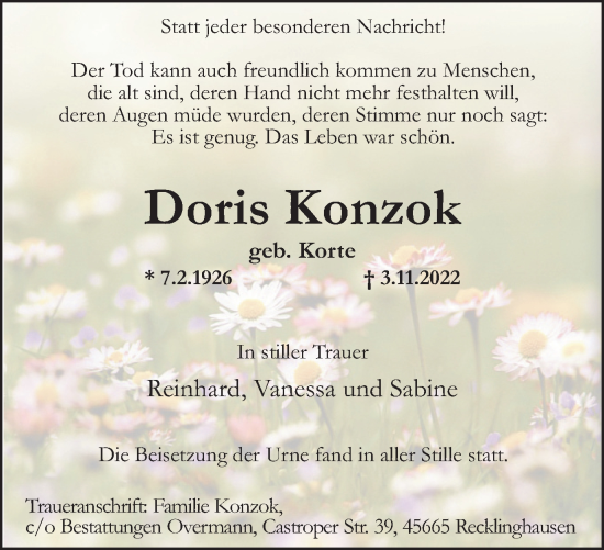 Traueranzeige von Doris Konzok von Medienhaus Bauer