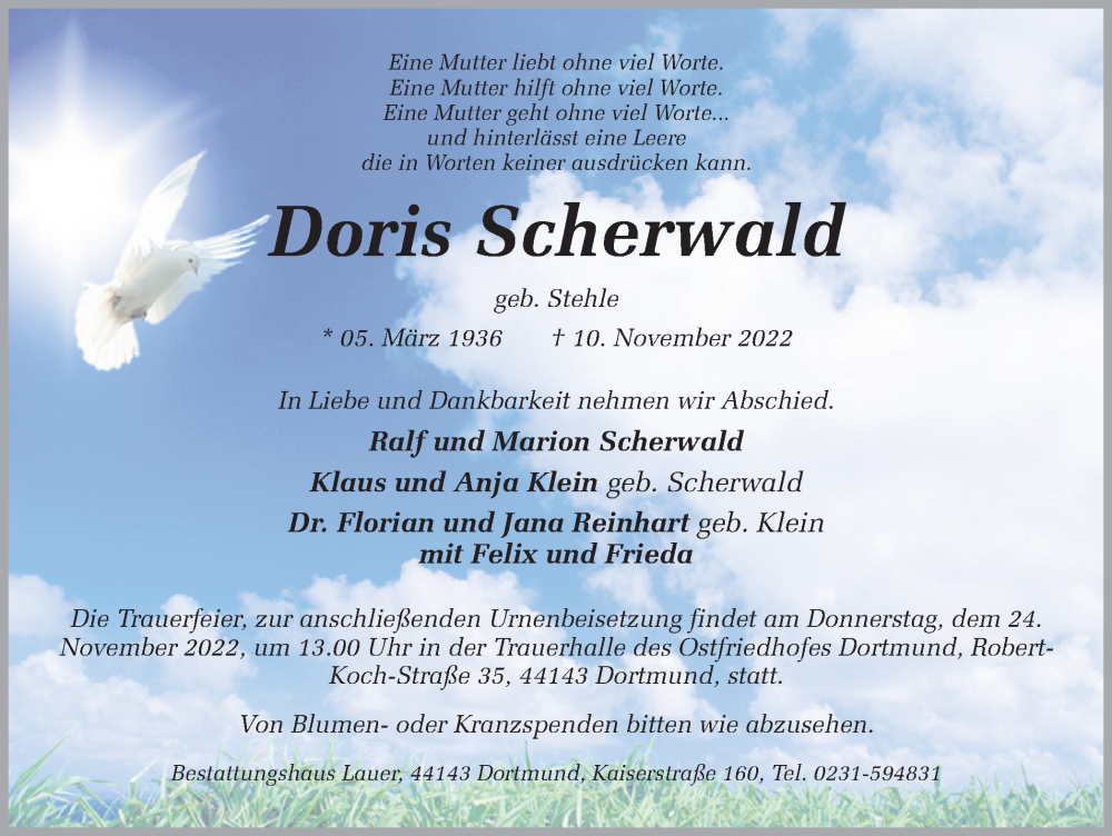  Traueranzeige für Doris Scherwald vom 19.11.2022 aus 
