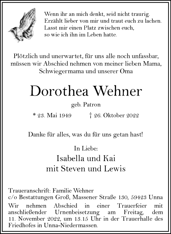 Traueranzeige von Dorothea Wehner von Hellweger Anzeiger