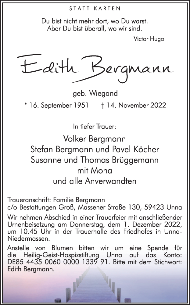  Traueranzeige für Edith Bergmann vom 23.11.2022 aus Hellweger Anzeiger
