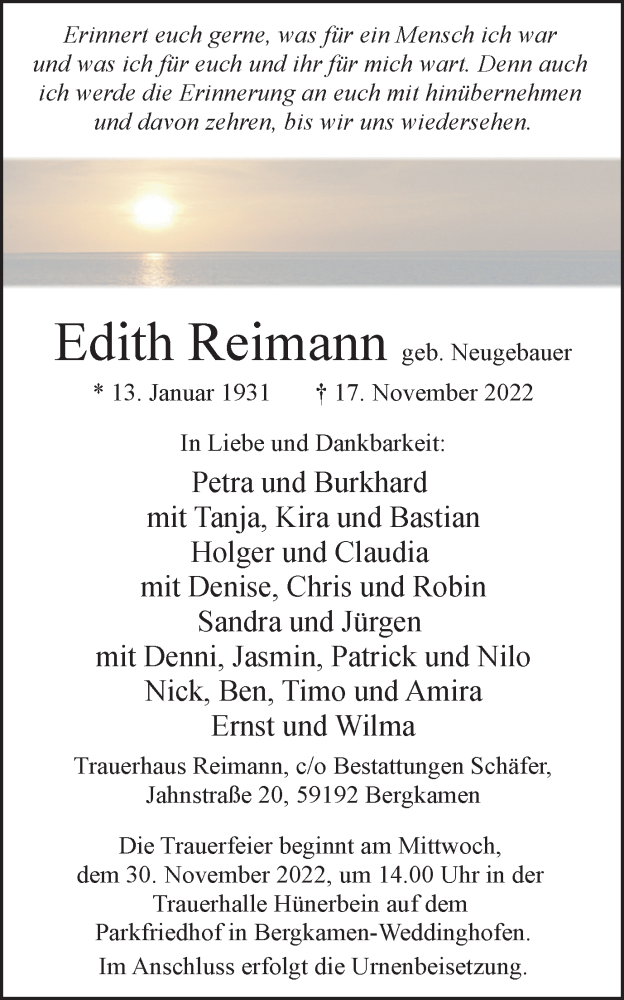  Traueranzeige für Edith Reimann vom 23.11.2022 aus Hellweger Anzeiger