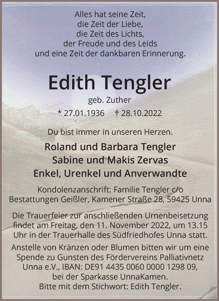  Traueranzeige für Edith Tengler vom 05.11.2022 aus 