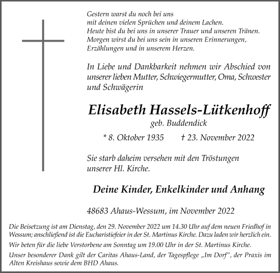Traueranzeige von Elisabeth Hassels-Lütkenhoff von Münstersche Zeitung und Münsterland Zeitung