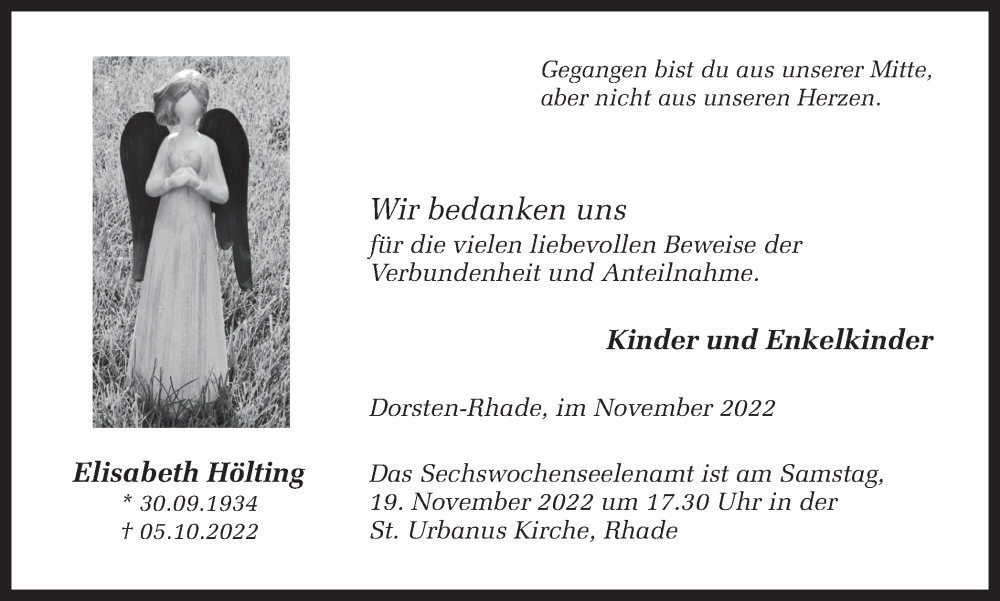  Traueranzeige für Elisabeth Hölting vom 16.11.2022 aus Ruhr Nachrichten und Dorstener Zeitung