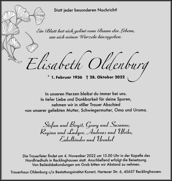Traueranzeige von Elisabeth Oldenburg von Medienhaus Bauer