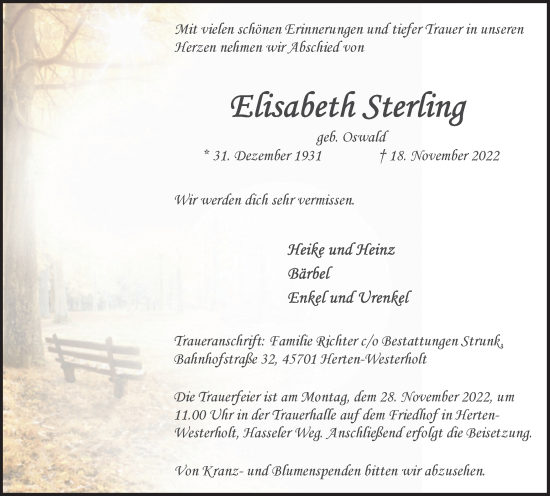 Traueranzeige von Elisabeth Sterling von Medienhaus Bauer