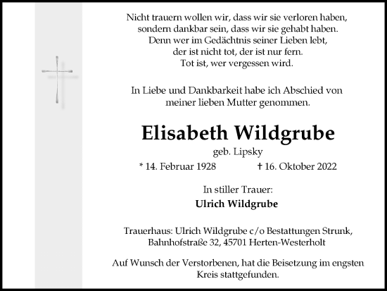 Traueranzeige von Elisabeth Wildgrube von Medienhaus Bauer