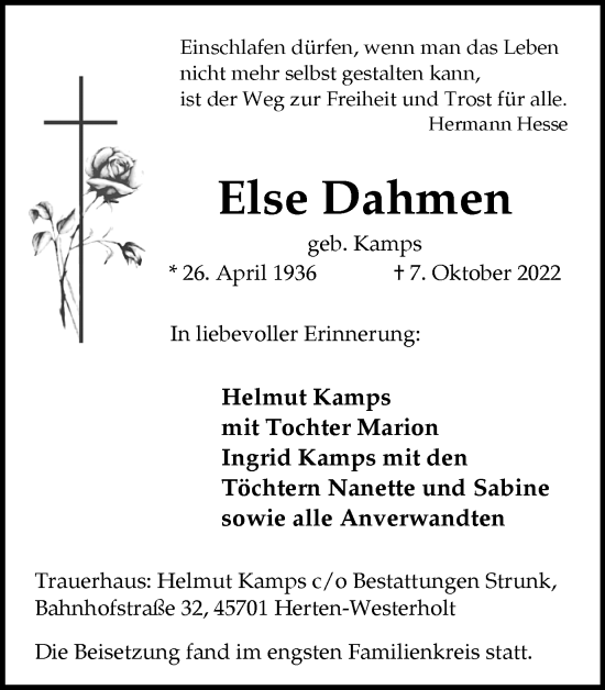 Traueranzeige von Else Dahmen von Medienhaus Bauer