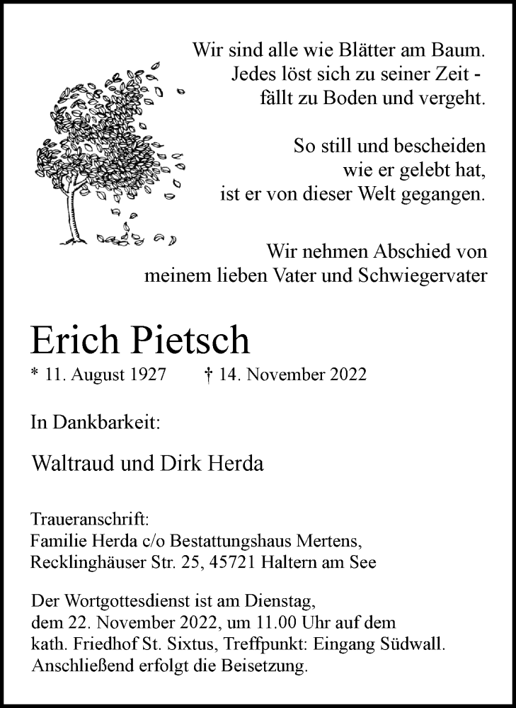  Traueranzeige für Erich Pietsch vom 18.11.2022 aus Ruhr Nachrichten und Halterner Zeitung