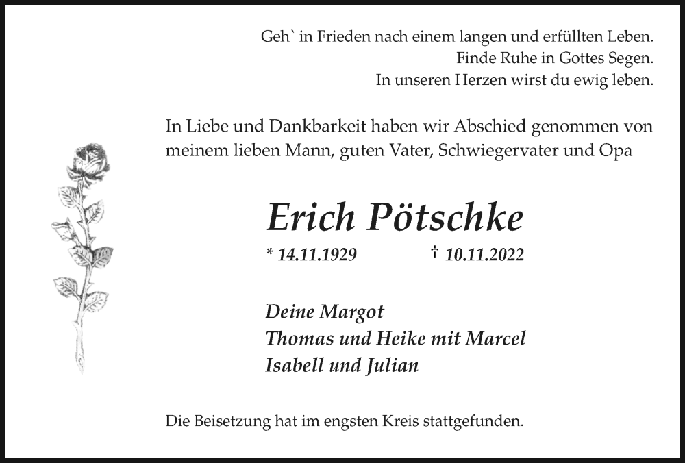  Traueranzeige für Erich Pötschke vom 23.11.2022 aus Medienhaus Bauer