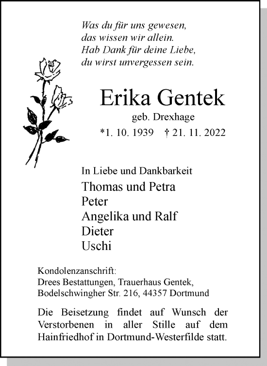 Traueranzeige von Erika Gentek 