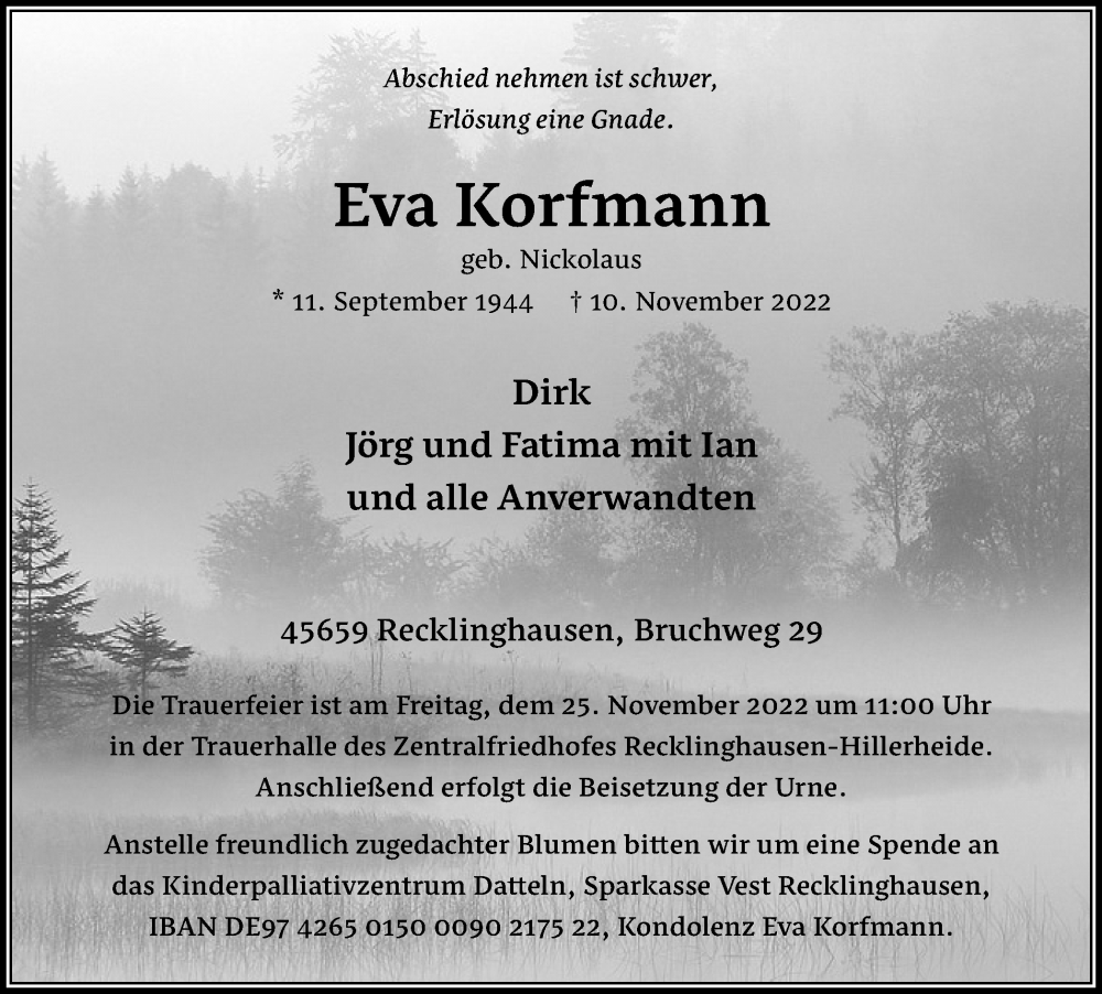  Traueranzeige für Eva Korfmann vom 19.11.2022 aus Medienhaus Bauer