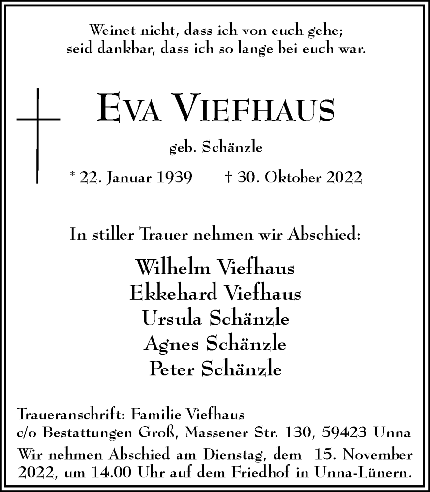  Traueranzeige für Eva Viefhaus vom 05.11.2022 aus Hellweger Anzeiger