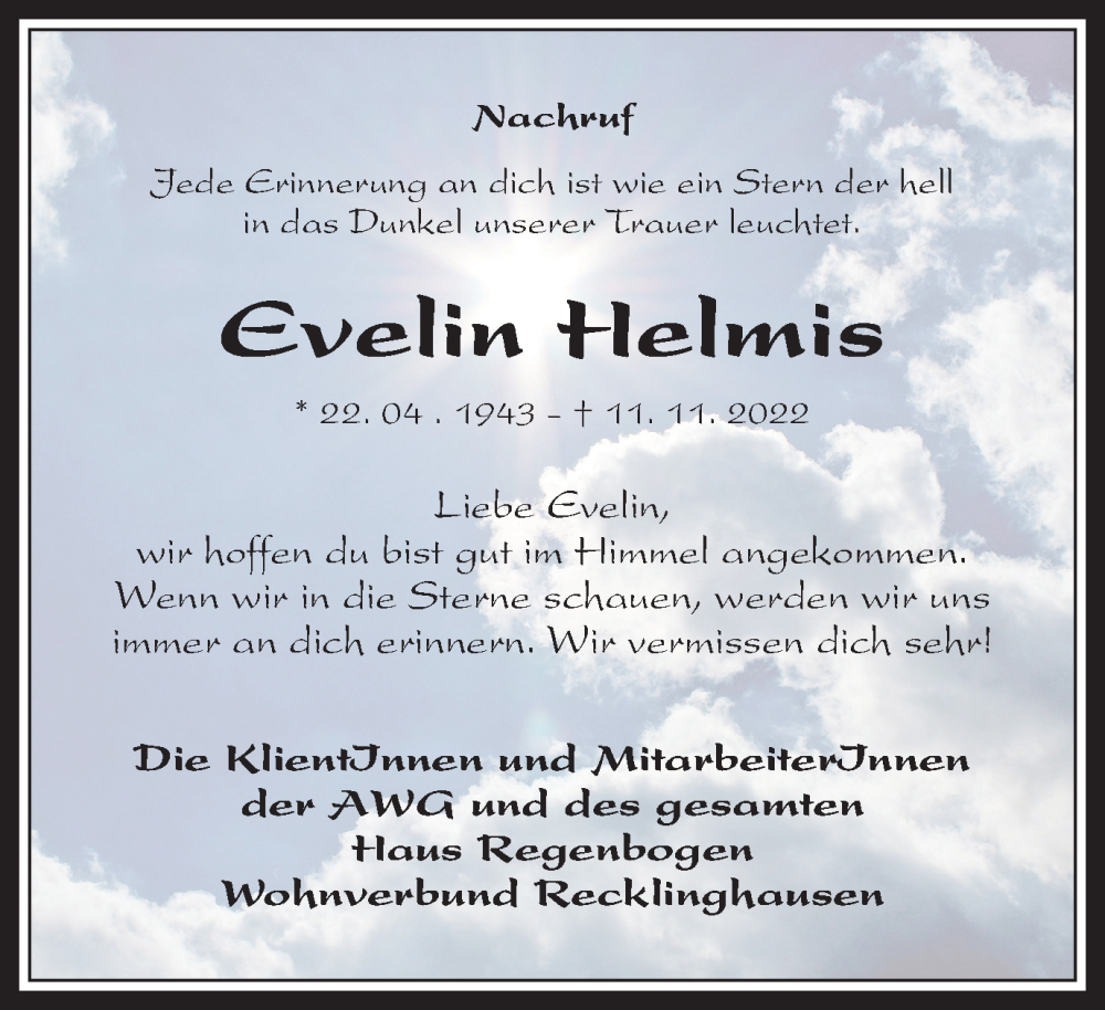 Traueranzeige für Evelin Helmis vom 21.11.2022 aus Medienhaus Bauer