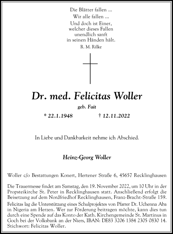 Traueranzeige von Felicitas Woller von Medienhaus Bauer