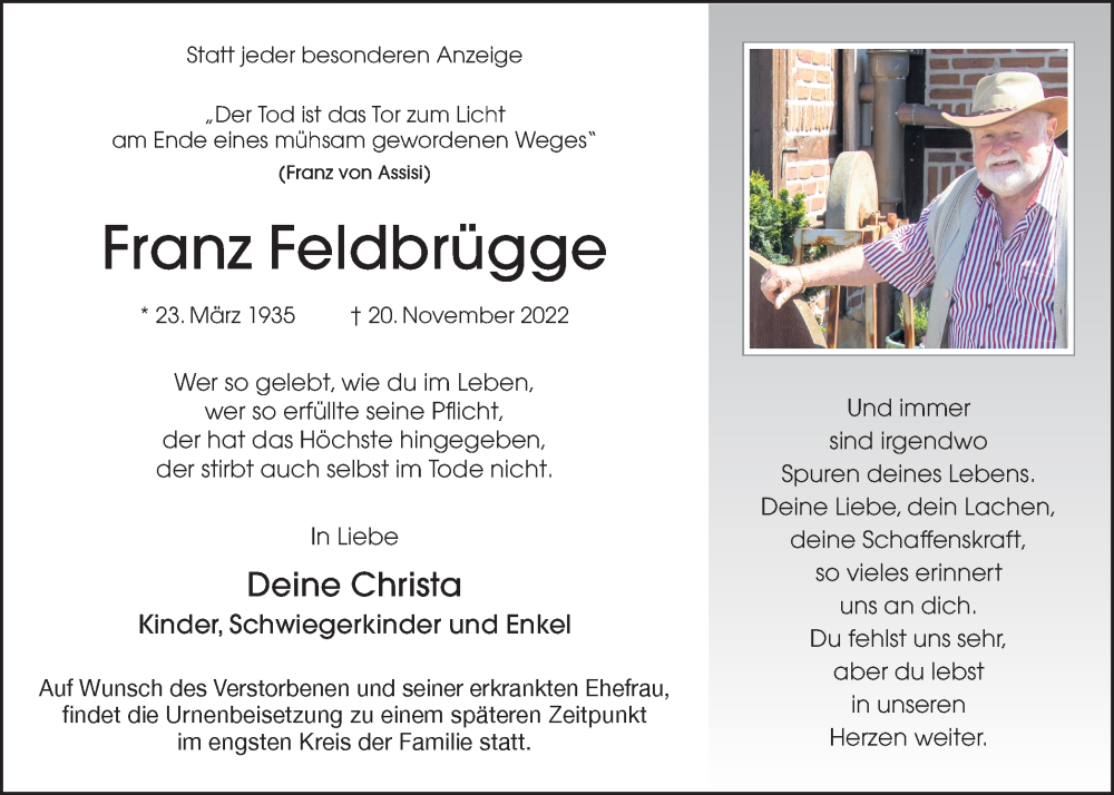  Traueranzeige für Franz Feldbrügge vom 23.11.2022 aus Münstersche Zeitung und Münsterland Zeitung