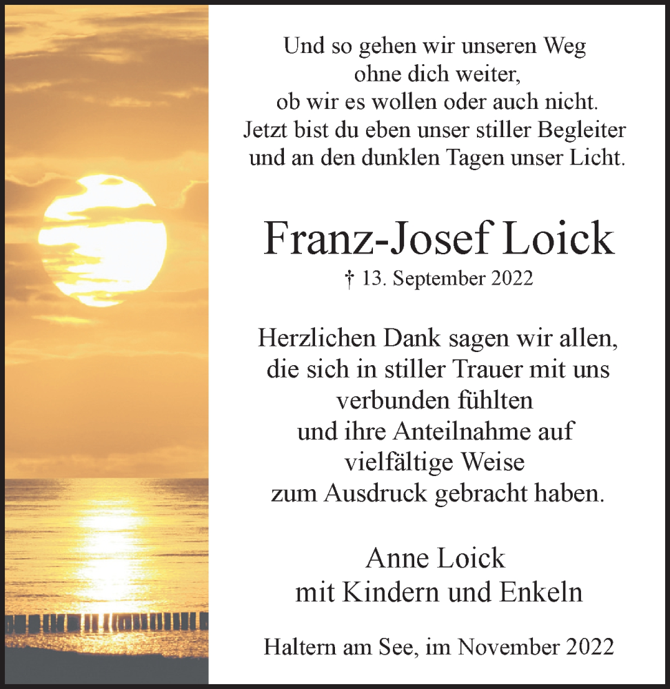  Traueranzeige für Franz-Josef Loick vom 05.11.2022 aus Ruhr Nachrichten und Halterner Zeitung