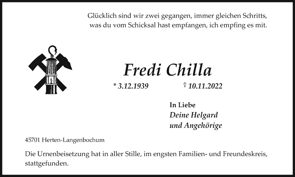 Traueranzeige für Fredi Chilla vom 23.11.2022 aus Medienhaus Bauer