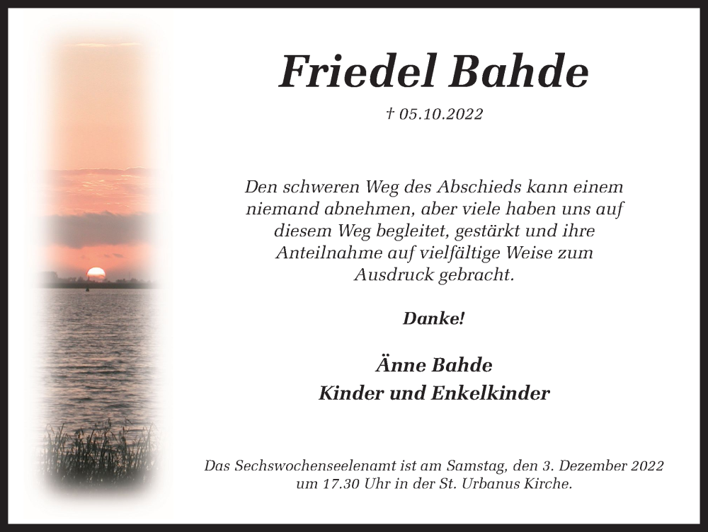  Traueranzeige für Friedel Bahde vom 30.11.2022 aus Ruhr Nachrichten und Dorstener Zeitung
