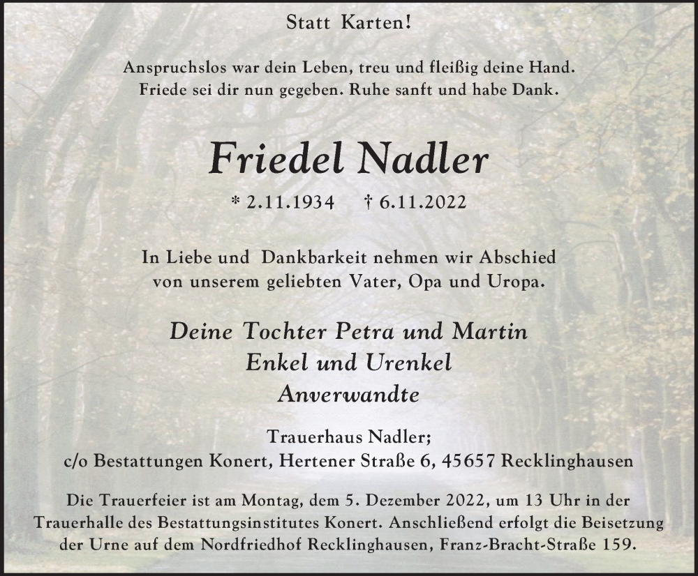  Traueranzeige für Friedel Nadler vom 26.11.2022 aus Medienhaus Bauer