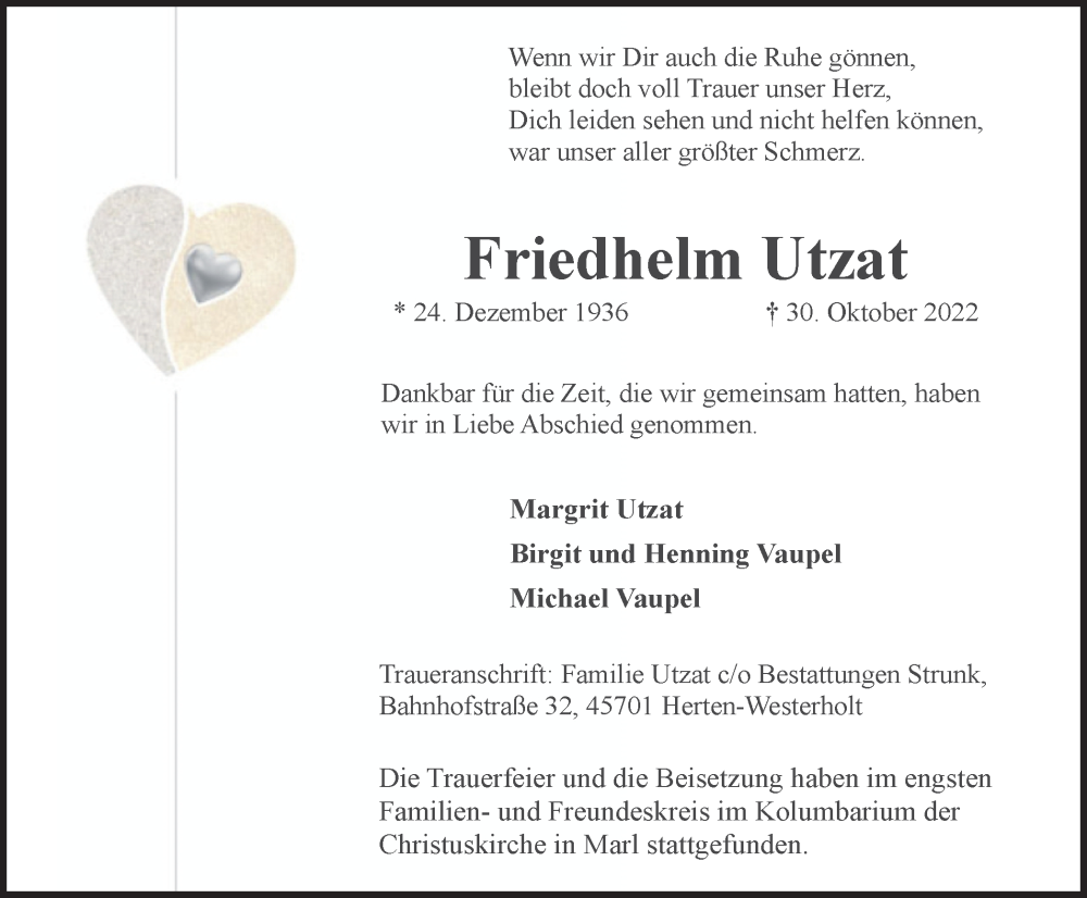  Traueranzeige für Friedhelm Utzat vom 23.11.2022 aus Medienhaus Bauer