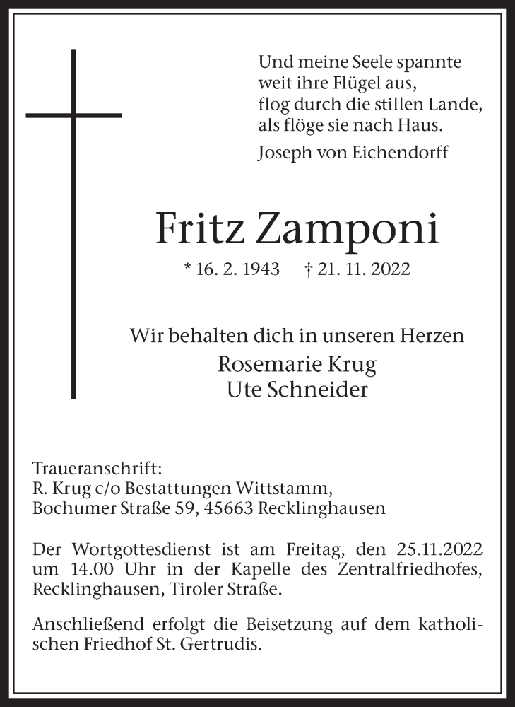  Traueranzeige für Fritz Zamponi vom 23.11.2022 aus Medienhaus Bauer