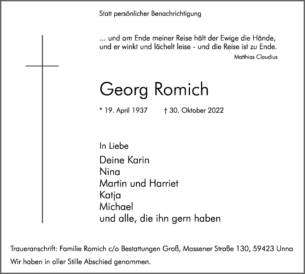  Traueranzeige für Georg Romich vom 19.11.2022 aus Hellweger Anzeiger
