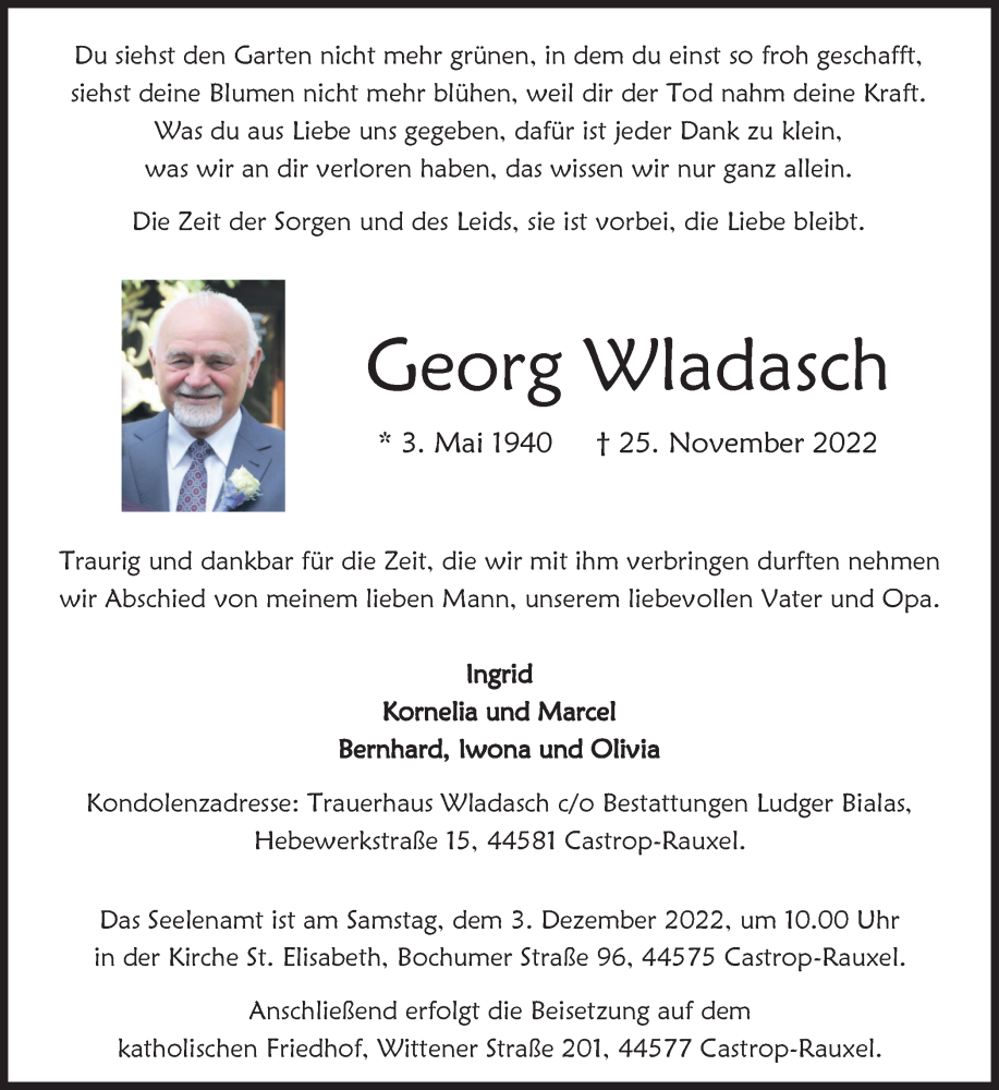  Traueranzeige für Georg Wladasch vom 30.11.2022 aus Ruhr Nachrichten