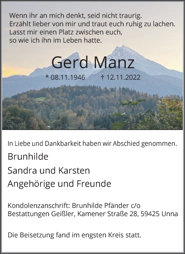  Traueranzeige für Gerd Manz vom 26.11.2022 aus Hellweger Anzeiger
