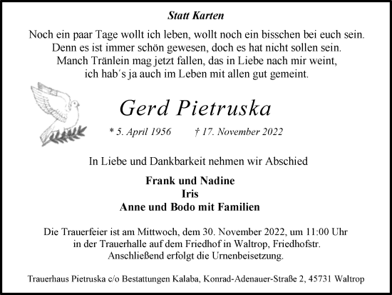 Traueranzeige von Gerd Pietruska von Medienhaus Bauer