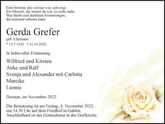 Traueranzeige von Gerda Grefer von Ruhr Nachrichten und Dorstener Zeitung