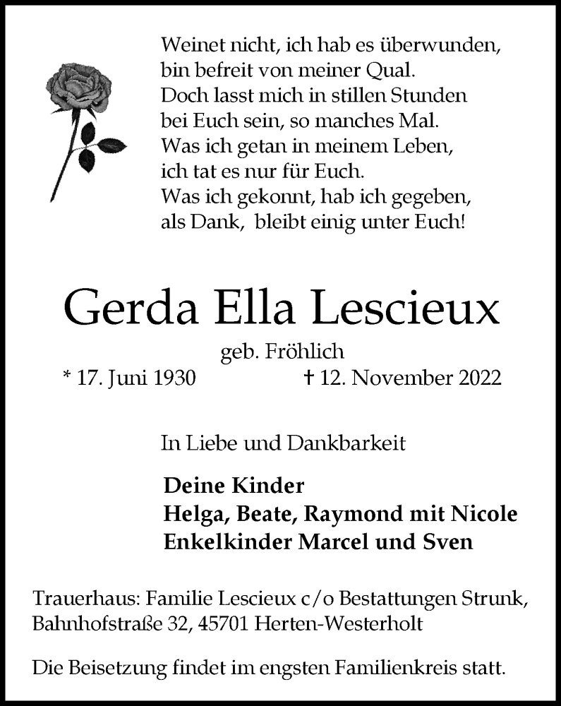 Traueranzeige für Gerda Ella Lescieux vom 18.11.2022 aus Medienhaus Bauer