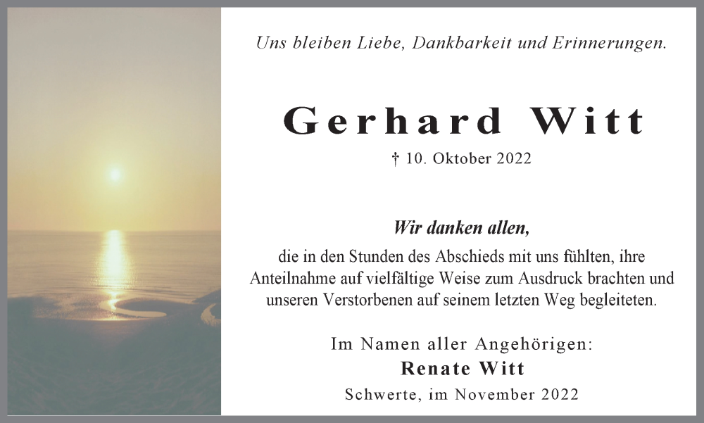  Traueranzeige für Gerhard Witt vom 12.11.2022 aus 