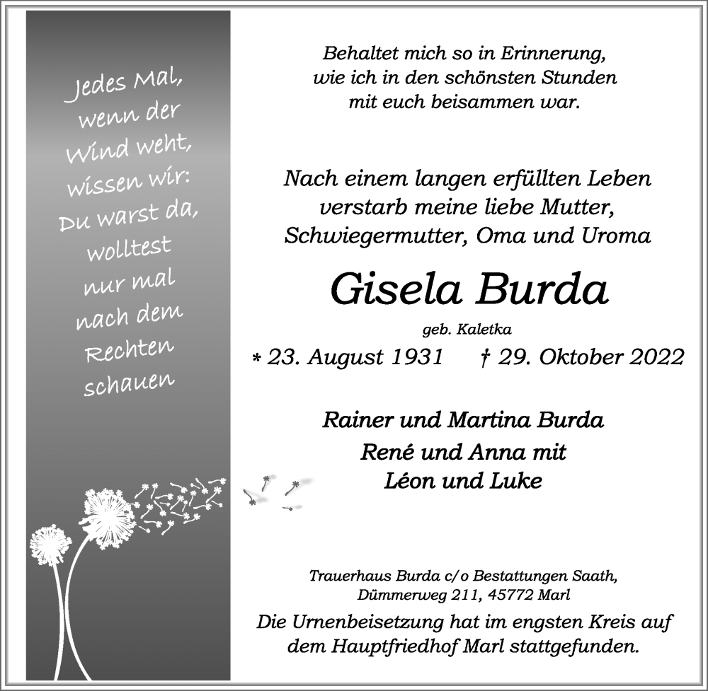  Traueranzeige für Gisela Burda vom 26.11.2022 aus Medienhaus Bauer