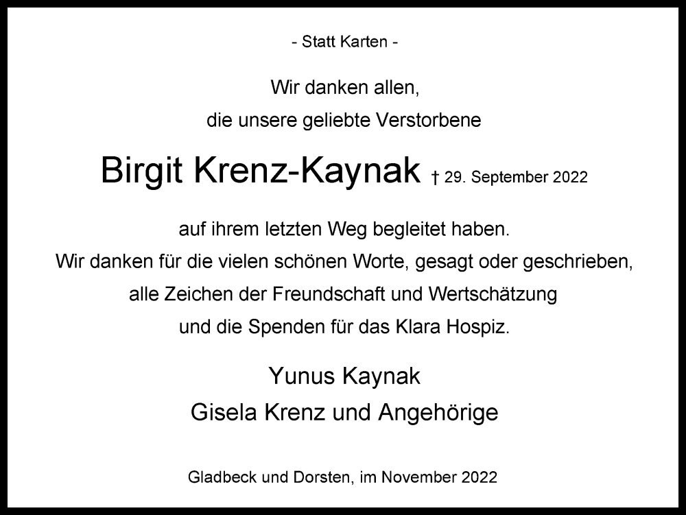  Traueranzeige für Birgit Krenz-Kaynak vom 19.11.2022 aus Ruhr Nachrichten und Dorstener Zeitung
