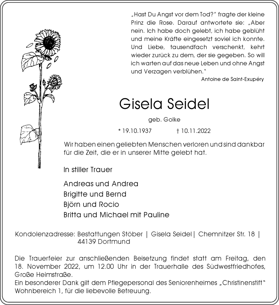  Traueranzeige für Gisela Seidel vom 15.11.2022 aus 