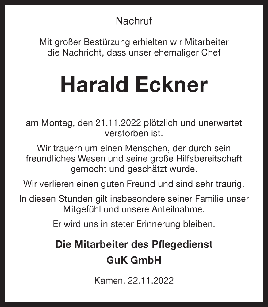  Traueranzeige für Harald Eckner vom 23.11.2022 aus Hellweger Anzeiger