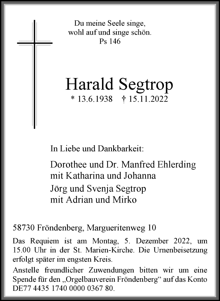  Traueranzeige für Harald Segtrop vom 19.11.2022 aus Hellweger Anzeiger