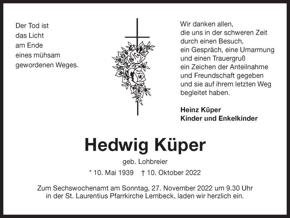  Traueranzeige für Hedwig Küper vom 24.11.2022 aus Ruhr Nachrichten und Dorstener Zeitung