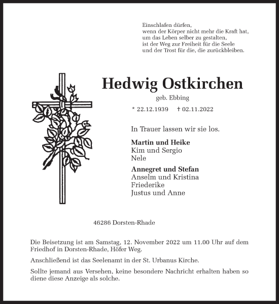 Traueranzeige von Hedwig Ostkirchen von Ruhr Nachrichten und Dorstener Zeitung
