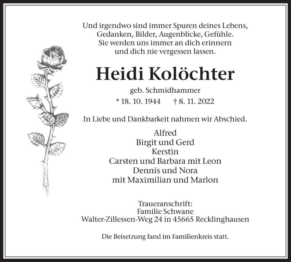  Traueranzeige für Heidi Kolöchter vom 19.11.2022 aus Medienhaus Bauer