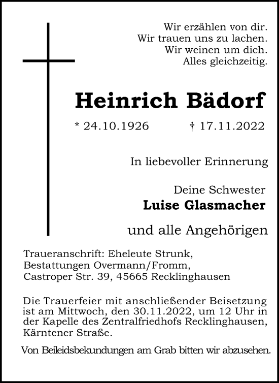 Traueranzeige von Heinrich Bädorf von Medienhaus Bauer