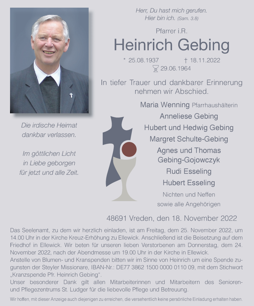  Traueranzeige für Heinrich Gebing vom 22.11.2022 aus Münstersche Zeitung und Münsterland Zeitung