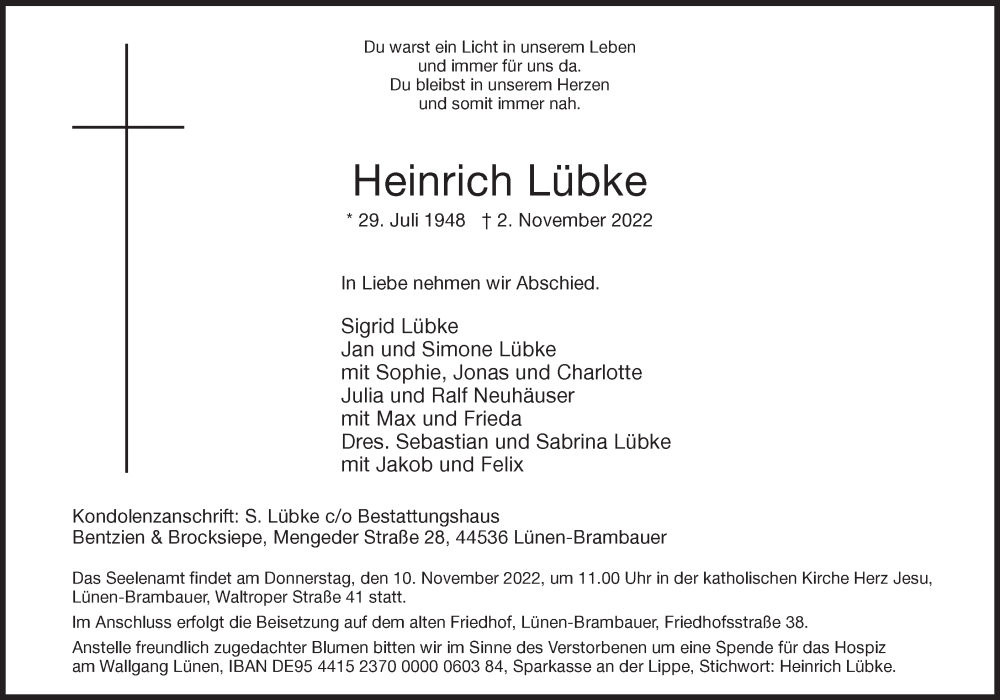  Traueranzeige für Heinrich Lübke vom 05.11.2022 aus Ruhr Nachrichten