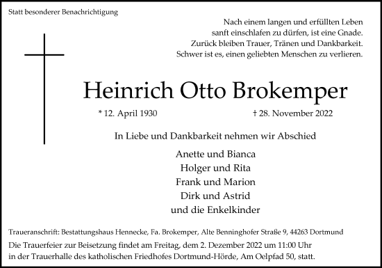 Traueranzeige von Heinrich Otto Brokemper 