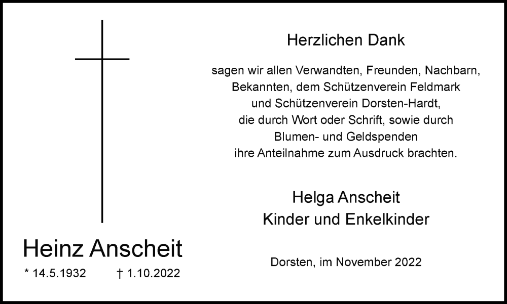  Traueranzeige für Heinz Anscheit vom 26.11.2022 aus Ruhr Nachrichten und Dorstener Zeitung