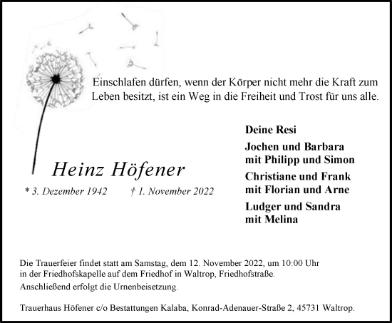 Traueranzeige von Heinz Höfener von Medienhaus Bauer