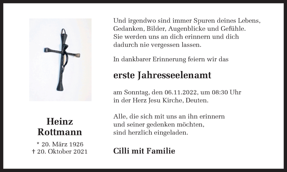  Traueranzeige für Heinz Rottmann vom 03.11.2022 aus Ruhr Nachrichten und Dorstener Zeitung