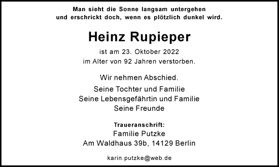 Traueranzeige von Heinz Rupieper von Medienhaus Bauer